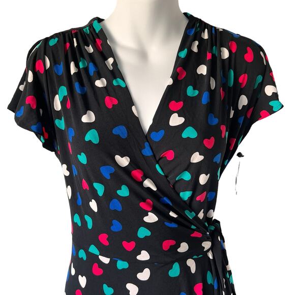 New* Wrap Dress Size Medium Black Pink Green Hearts Fit & Flare Colorful READ - Picture 2 of 16